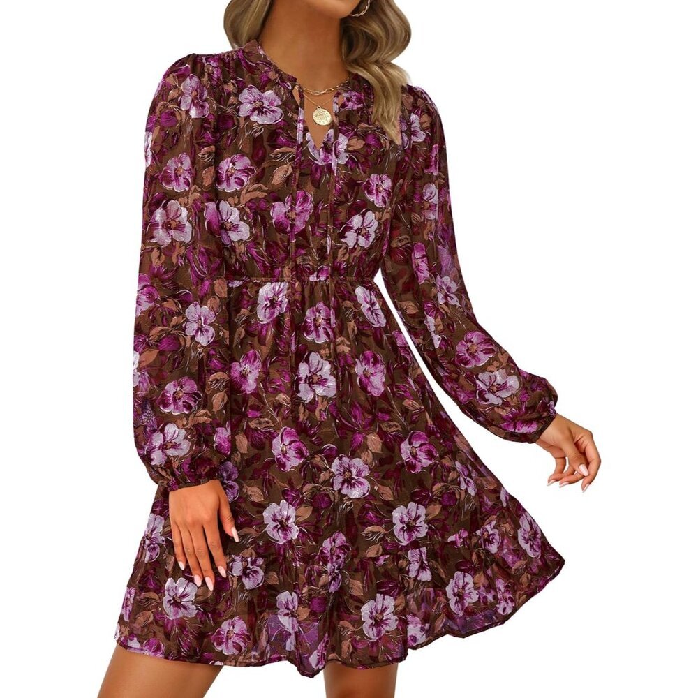 Women's Fall Boho Dresses 2026 Floral Long Sleeve V Neck Mini Flowy Wedding Gues